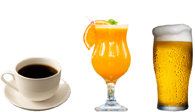 コーヒー、オレンジジュース、ビールの画像